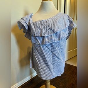 NWT - Blue and White Stripe off shoulder ruffle top. Size 10
